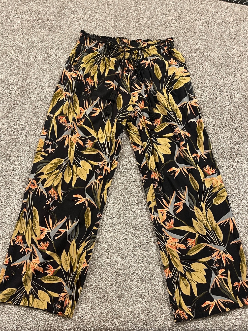 Tropical Bird of Paradise Floral Palazzo Pants Black Wide Leg Boho Sz M
